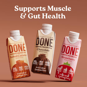 DONE prebiotic protein drink on-the-go portable for travel and busy days.