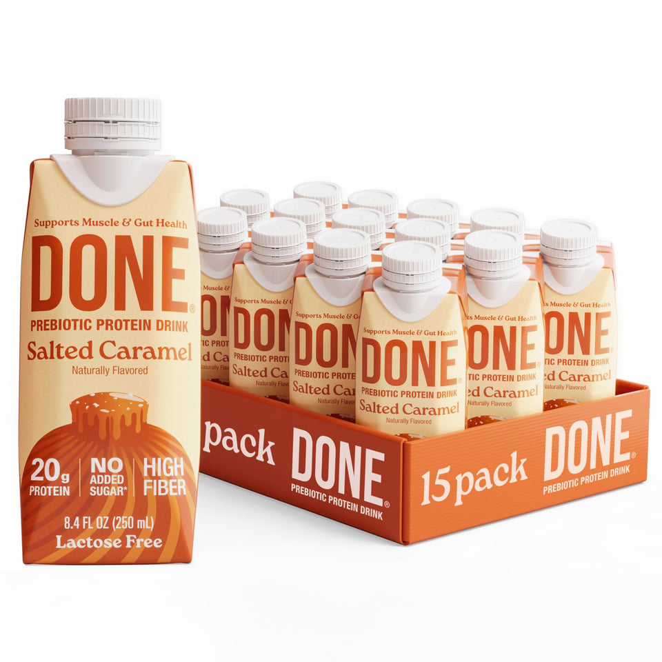 DONE Salted Caramel bottle showing convenient ready-to-drink protein