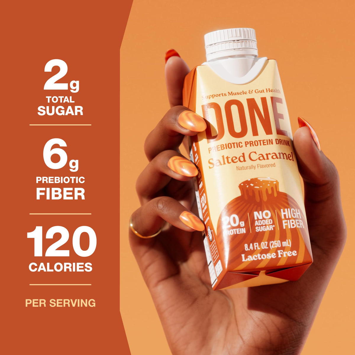 DONE Salted Caramel label close-up highlighting clean ingredients and fiber