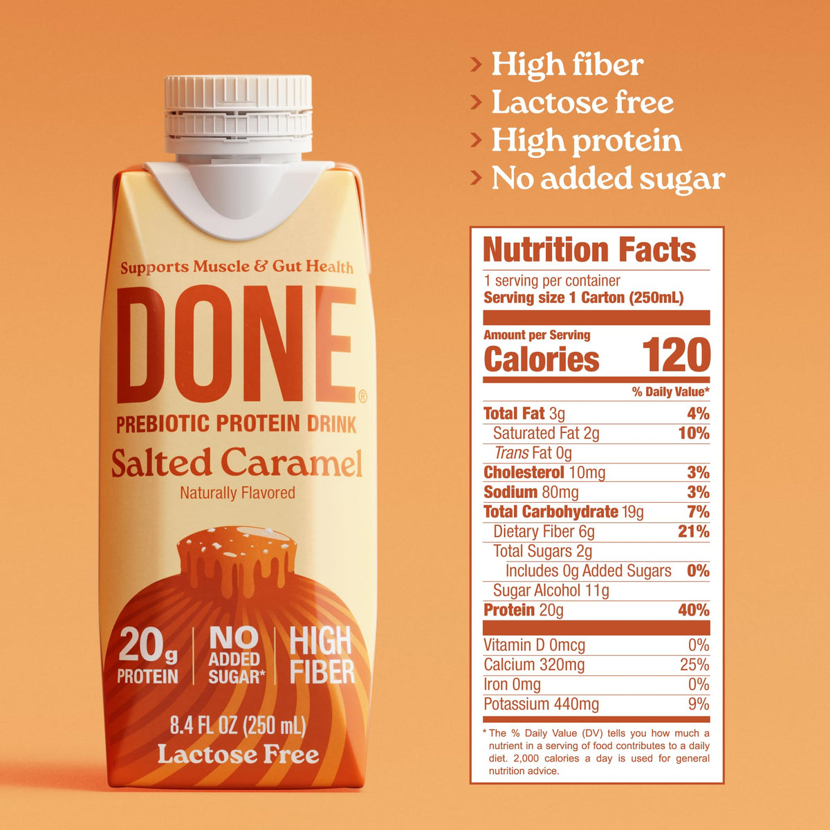 DONE Salted Caramel pour shot showcasing smooth, balanced nutrition