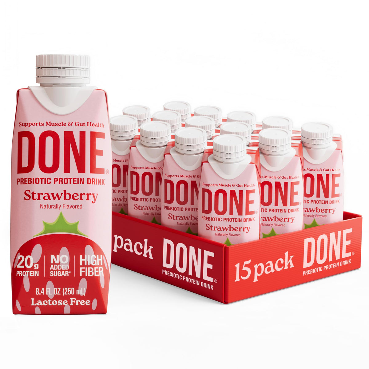 DONE strawberry protein drink bottle showing a protein-packed refreshment for busy days