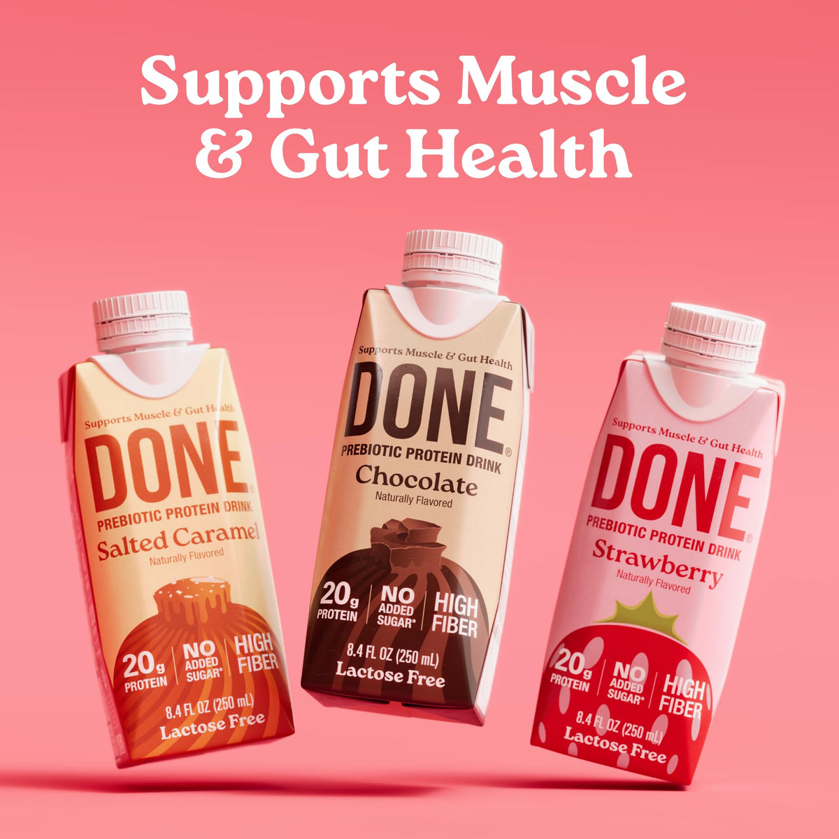 DONE strawberry protein drink with 6g fiber per bottle for digestion-friendly nutrition