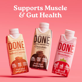 DONE strawberry protein drink with 6g fiber per bottle for digestion-friendly nutrition