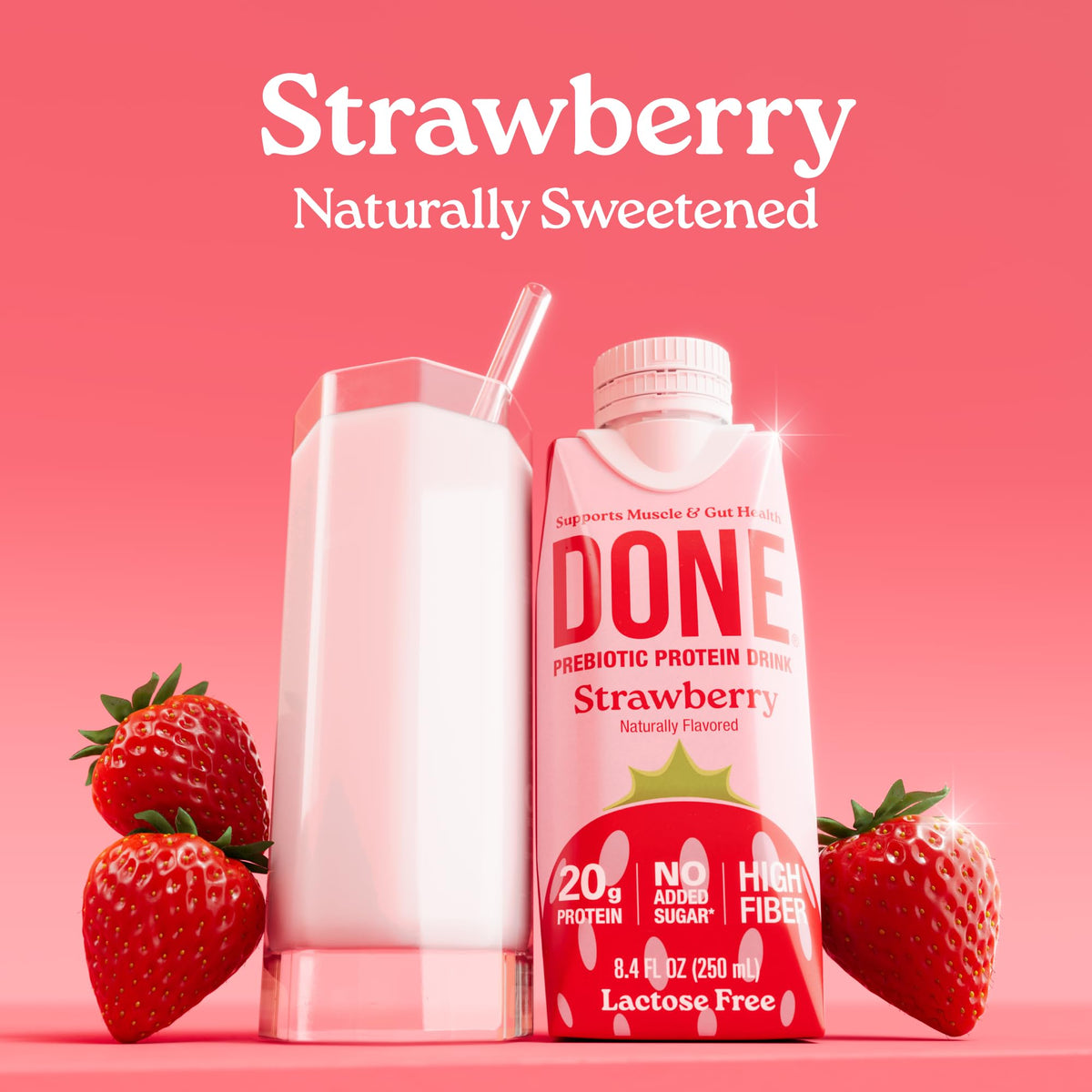 DONE strawberry gluten-free lactose-free protein drink formula for sensitive diets