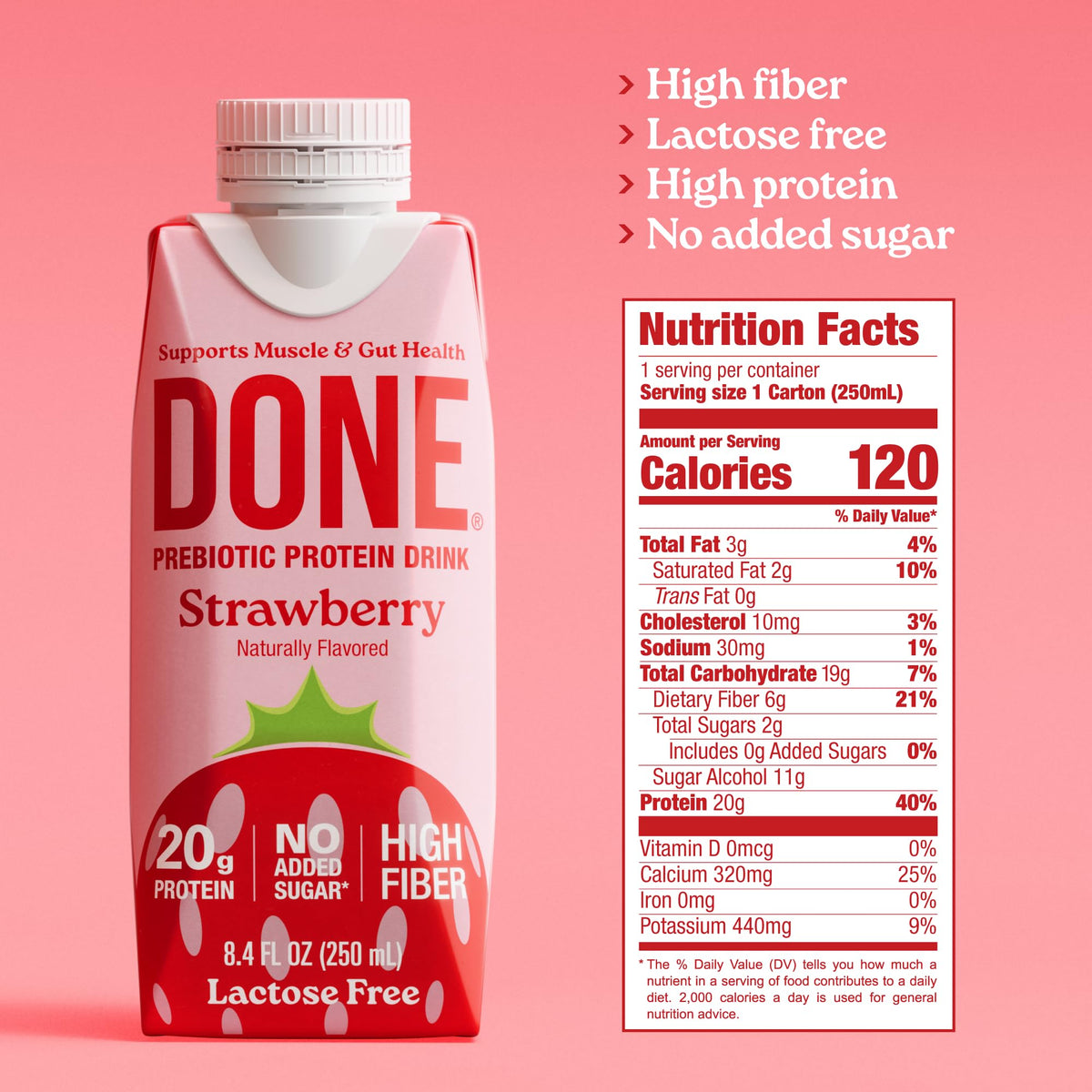 DONE strawberry protein drink ingredients clean blend for daily vitality