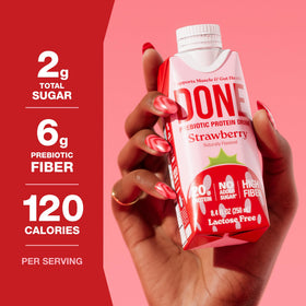 DONE strawberry protein drink nutrition facts label highlighting protein and fiber
