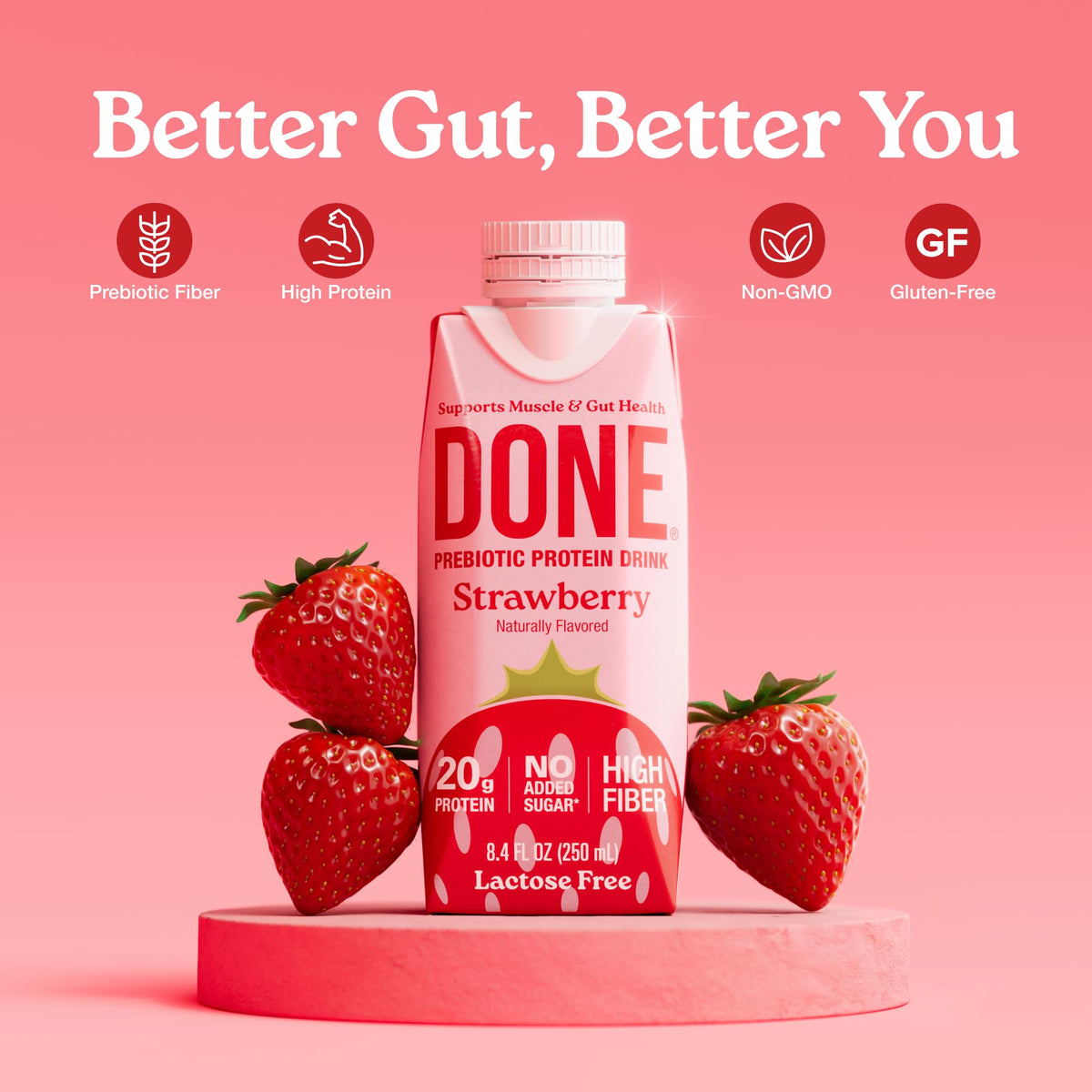 DONE strawberry protein drink packaging with vibrant branding for everyday snacking
