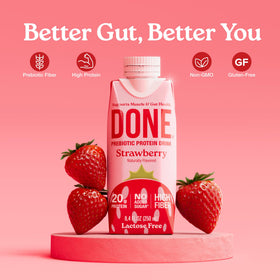 DONE strawberry protein drink packaging with vibrant branding for everyday snacking