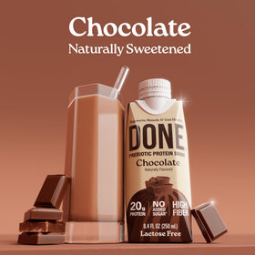 DONE protein drink chocolate nutrition icons emphasize high fiber and prebiotics.
