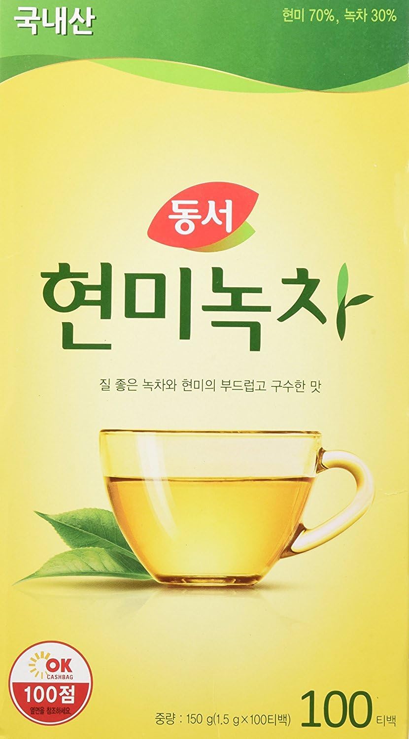Dongsuh Korean Brown Rice Green Tea packaging front emphasizing value pack of 100 bags.