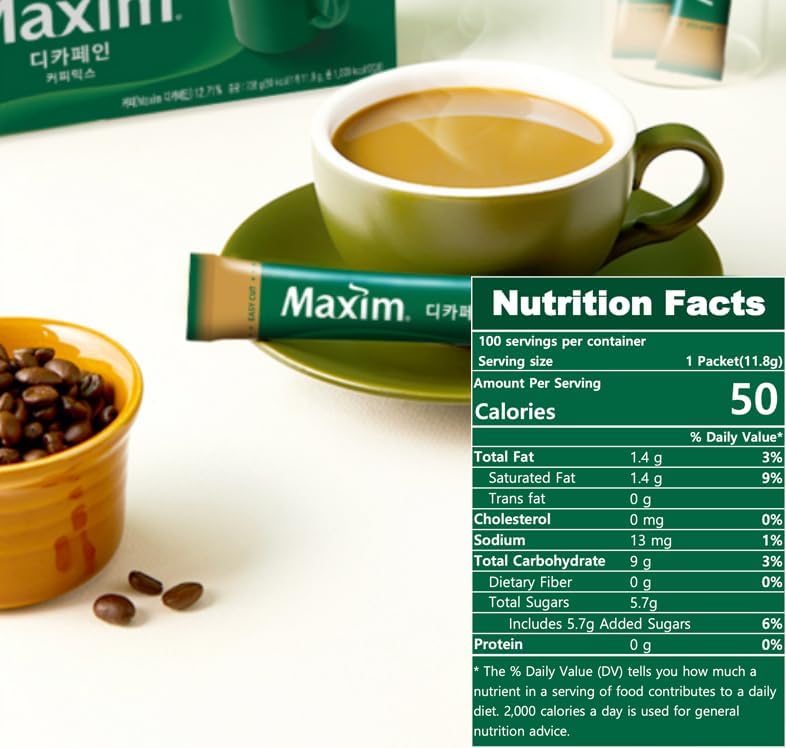 Dongsuh Maxim Decaf Coffee Mix sachets arranged for easy portion control and consistency
