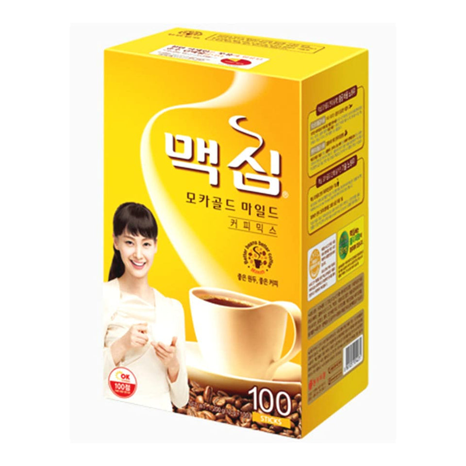 Dongsuh Maxim Mocha coffee stick pack front view, showing convenient single-serve servings.