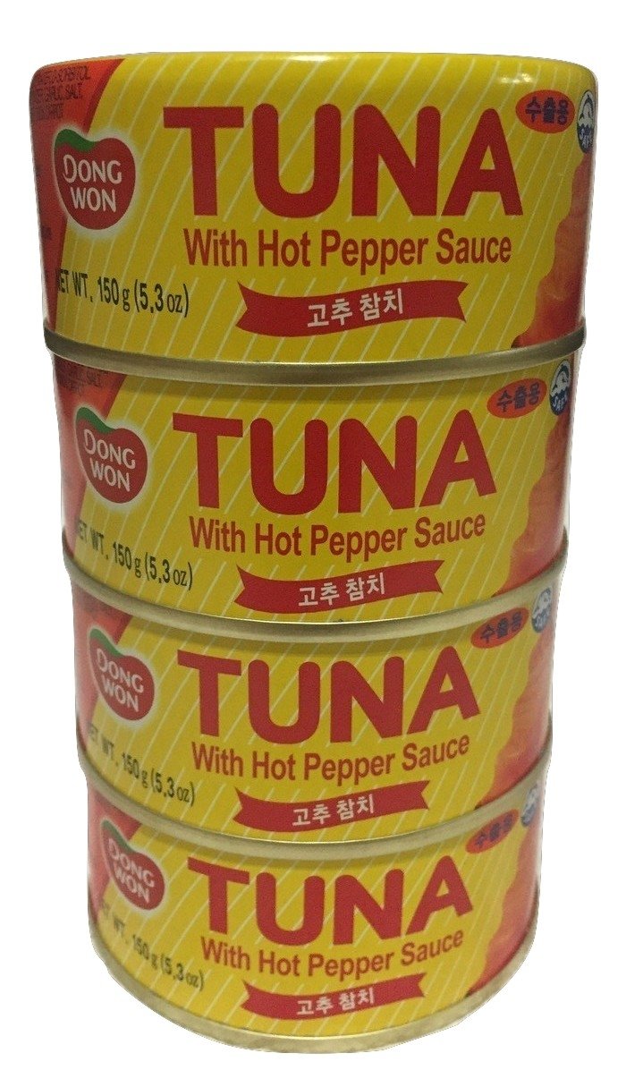 Dongwon hot red pepper tuna four-pack can for a quick, flavorful meal.