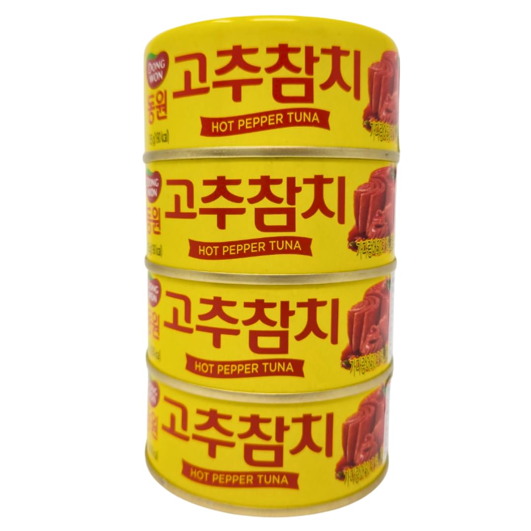 Dongwon tuna in hot pepper sauce with vegetables can close-up, ready-to-eat protein for lunch.