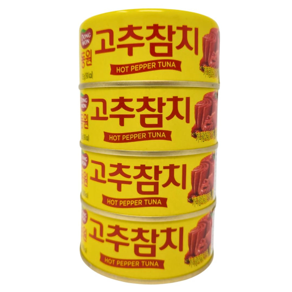 Dongwon tuna in hot pepper sauce with vegetables can close-up, ready-to-eat protein for lunch.