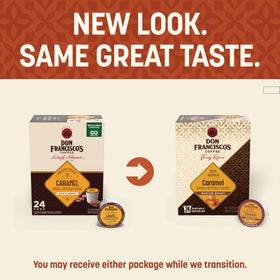 Don Francisco's caramel coffee pods box front view ideal for pantry display
