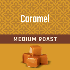 Don Francisco's caramel coffee pods cup brew shot showing a smooth, rich pour