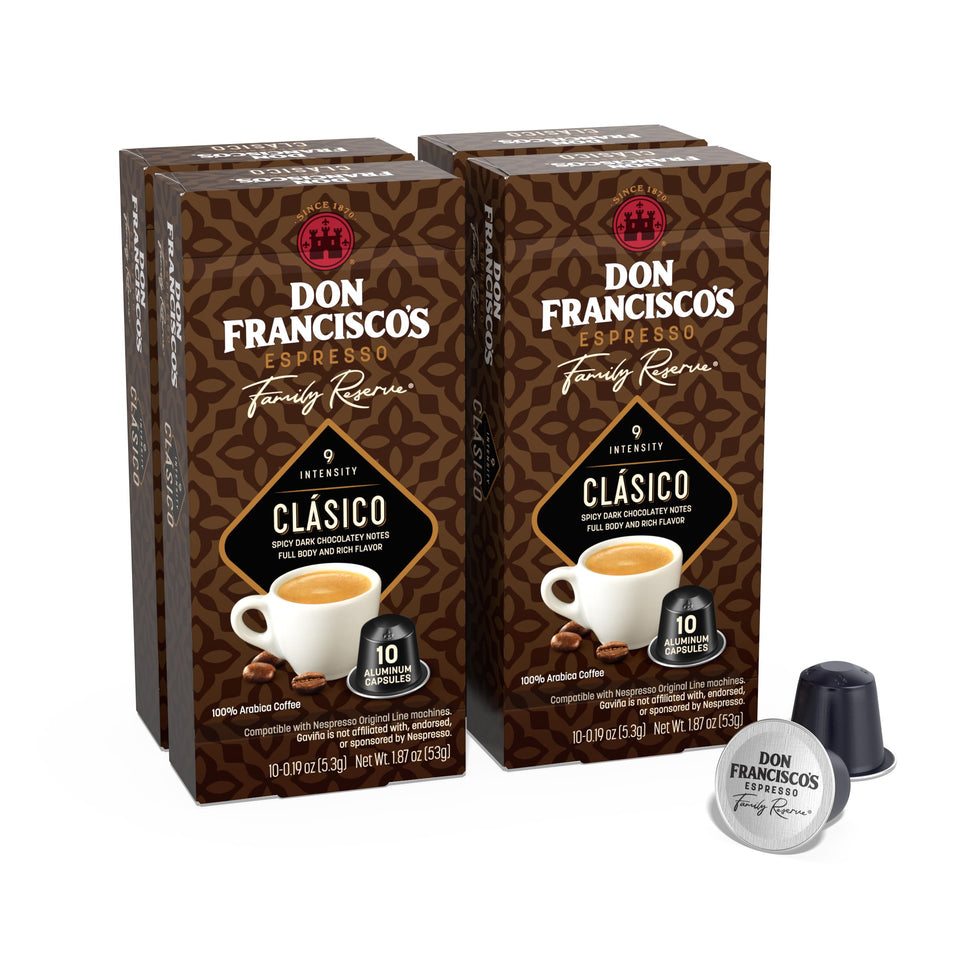 Don Francisco's Clasico espresso pods packaging for freshness and convenience.