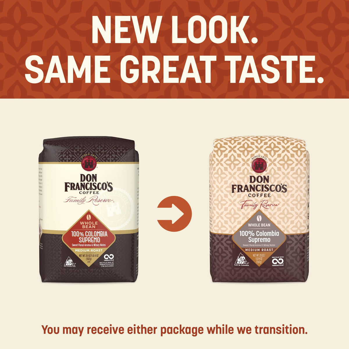 Nitrogen-flushed packaging preserves aroma in Don Francisco's Supremo coffee.