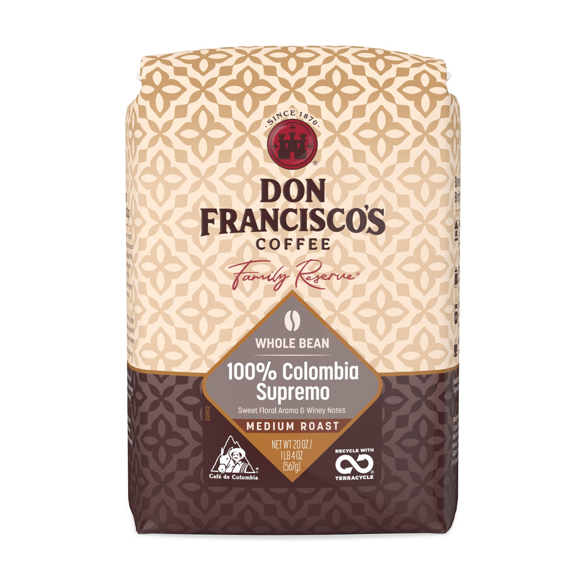 Don Francisco's Colombia Supremo whole bean bag sealed for lasting freshness.
