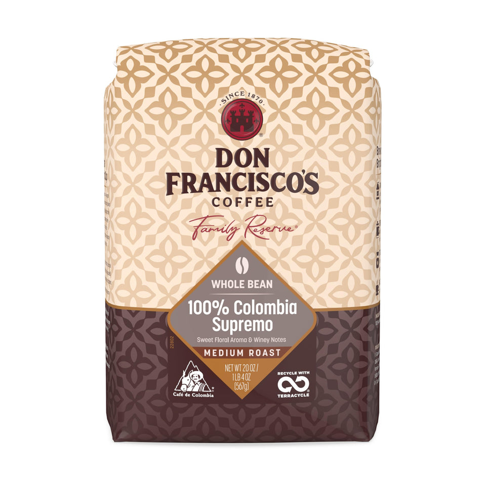 Don Francisco's Colombia Supremo whole bean bag sealed for lasting freshness.