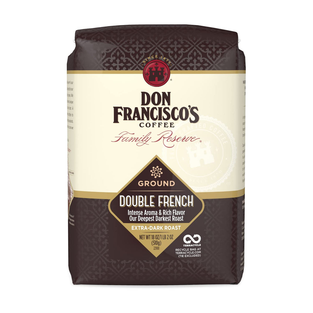 Don Francisco's Double French ground coffee bag preserves freshness and aroma for every brew.