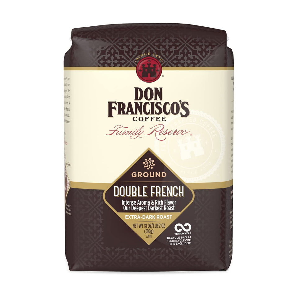 Don Francisco's Double French ground coffee bag preserves freshness and aroma for every brew.