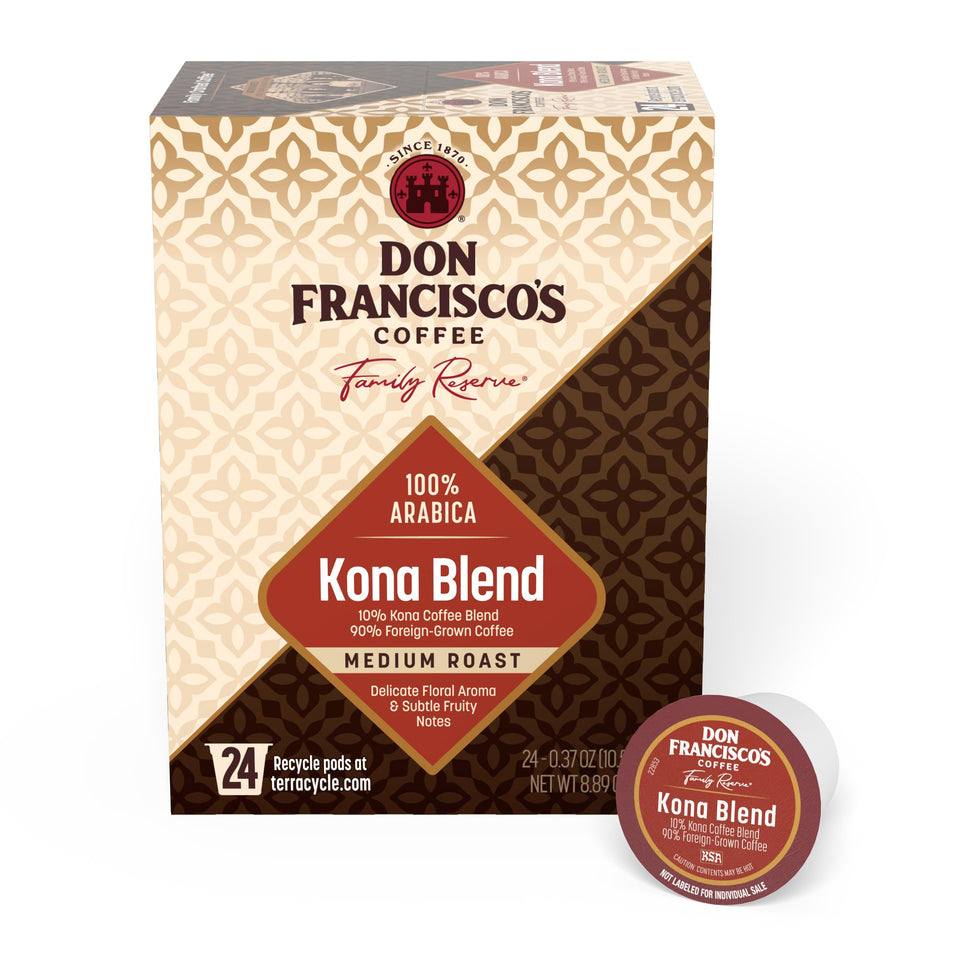 Don Francisco's Kona Blend pods pack—easy, quick brews for busy mornings.