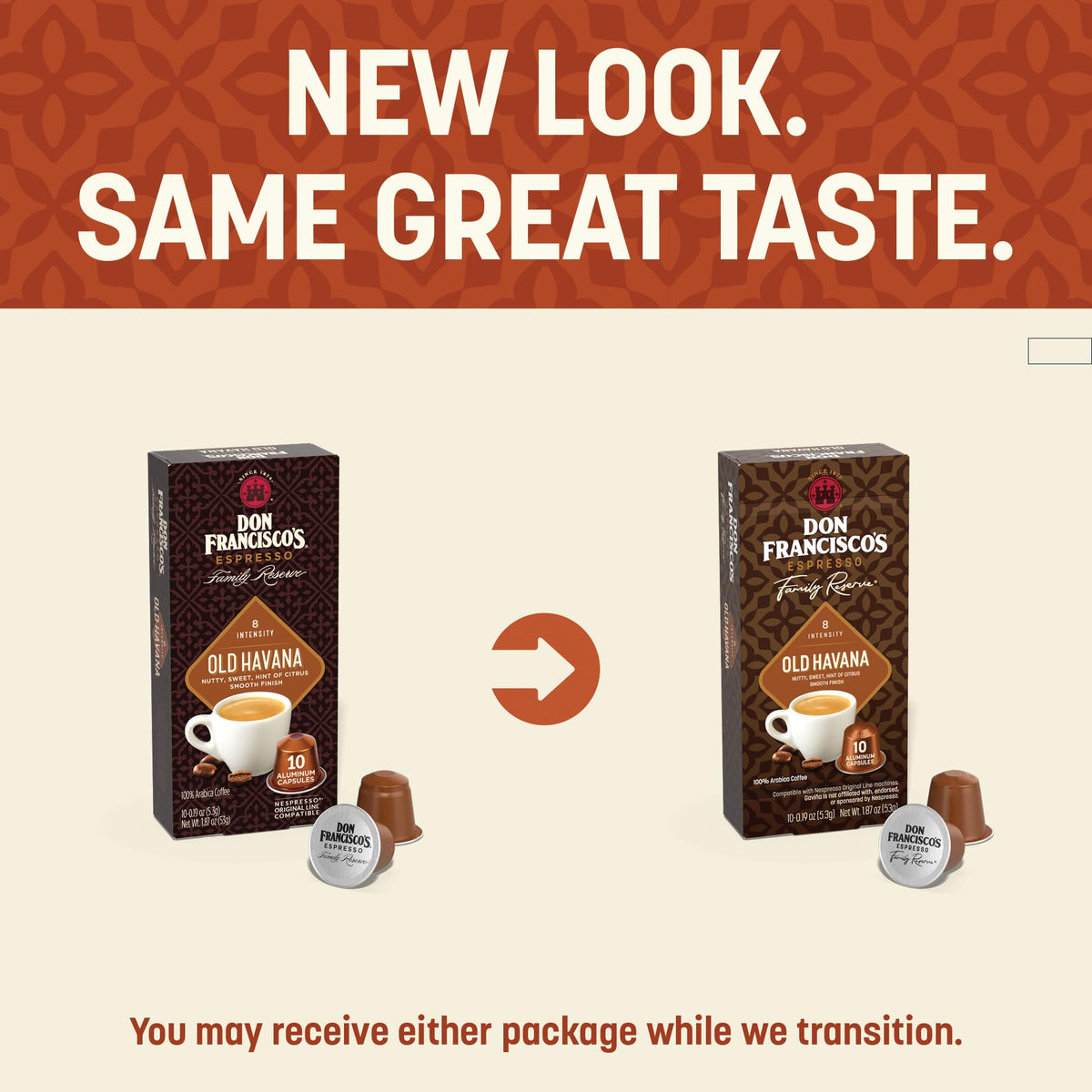 Old Havana espresso pods in cup showing rich crema and full body