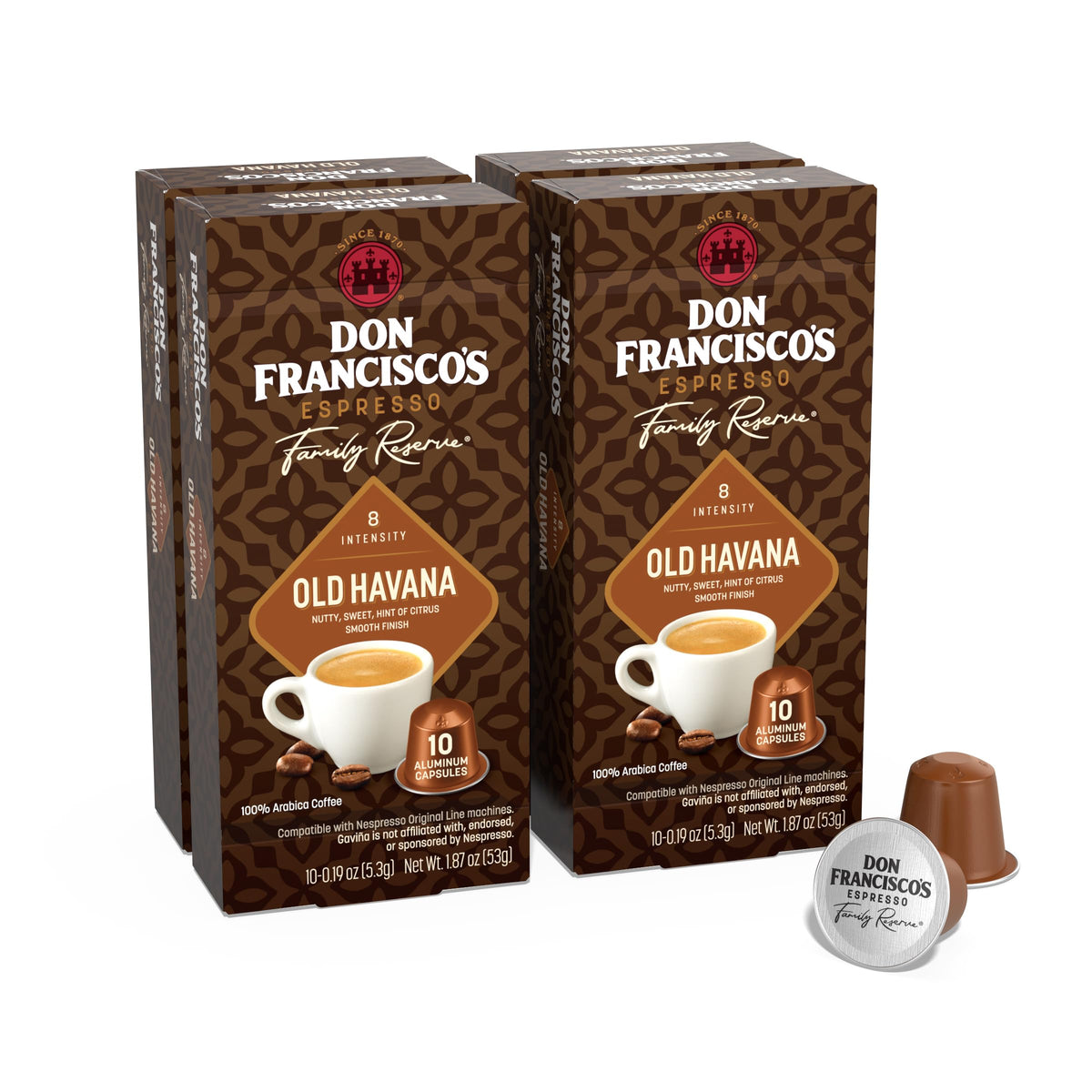 Don Francisco's Old Havana espresso pods pack with bold flavor for café-quality mornings