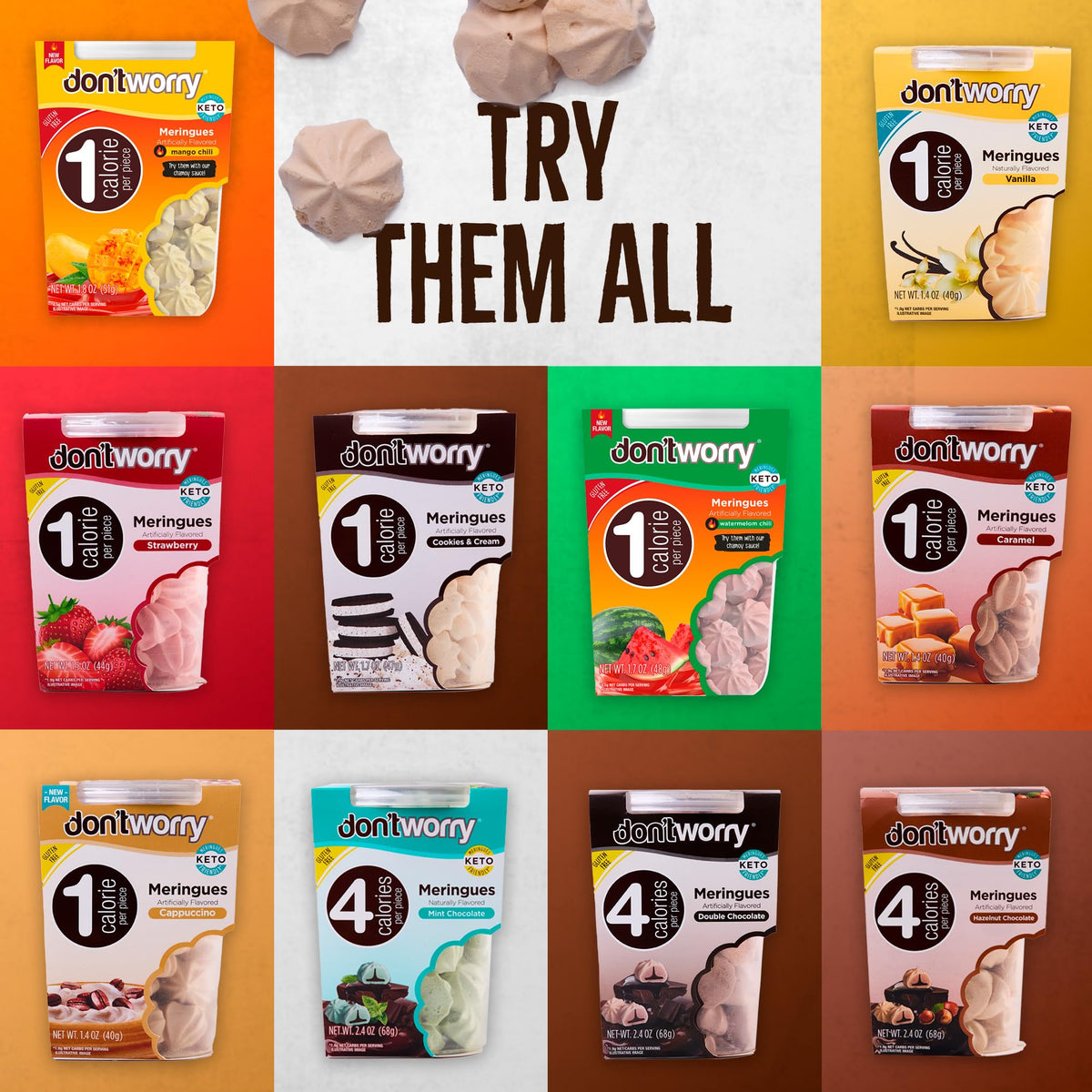 Don't Worry Meringue six-pack; convenient on-the-go keto-friendly treat.