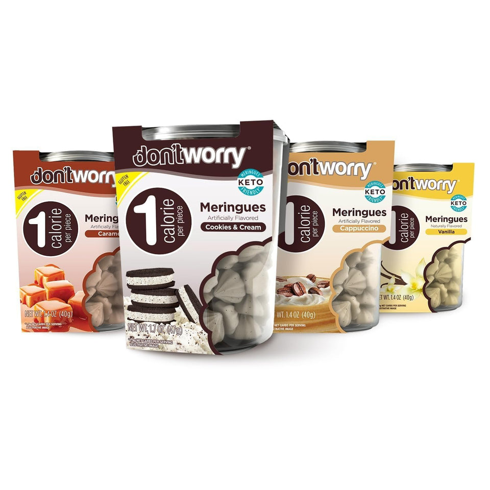 Dont Worry Meringue Cookies caramel front view—light, low-calorie snacking option.