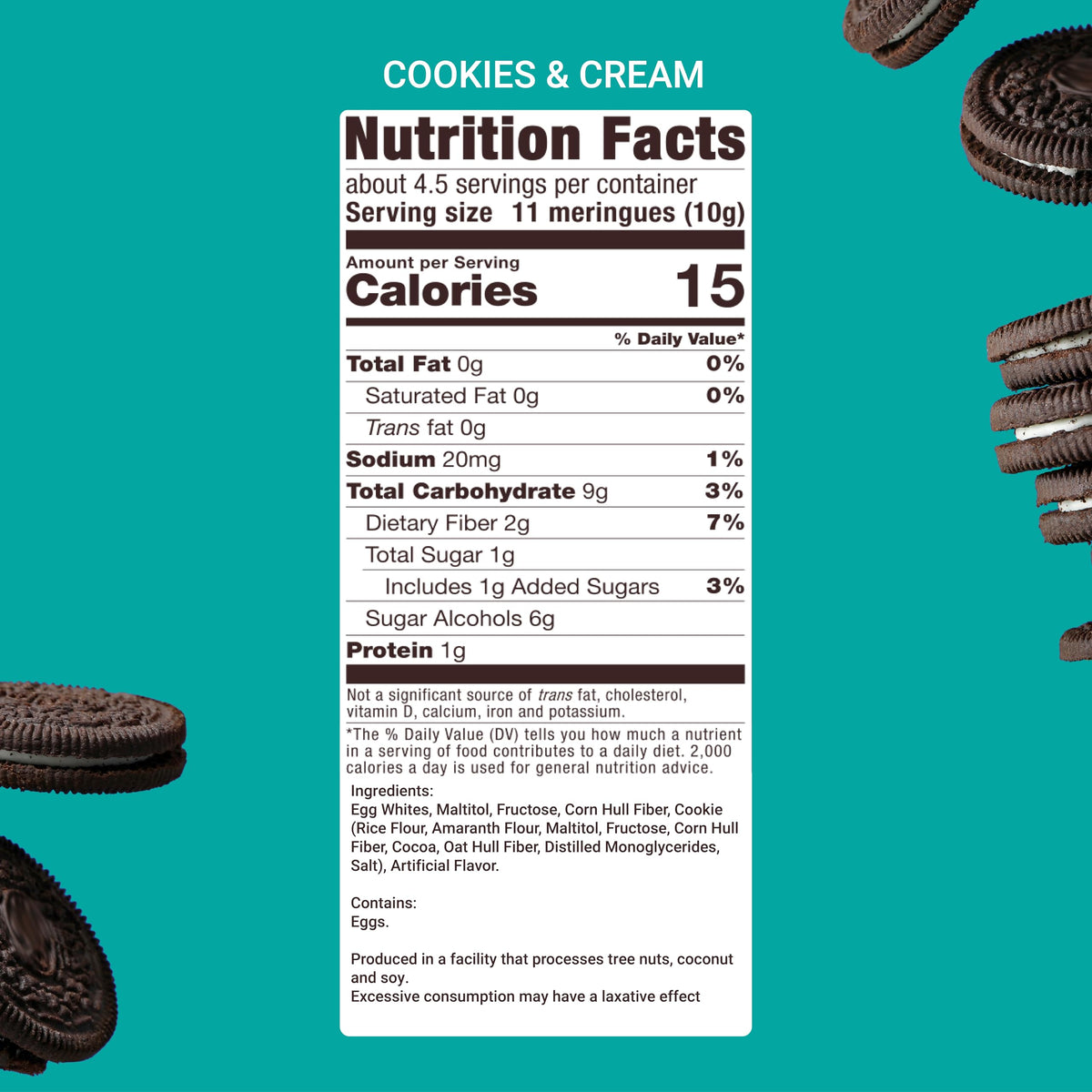Don't Worry Meringue Cookies Cookies & Cream 1 Calorie per Piece highlights guilt-free flavor.
