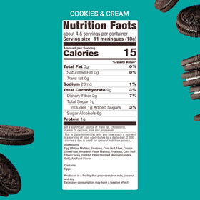 Don't Worry Meringue Cookies Cookies & Cream 1 Calorie per Piece highlights guilt-free flavor.