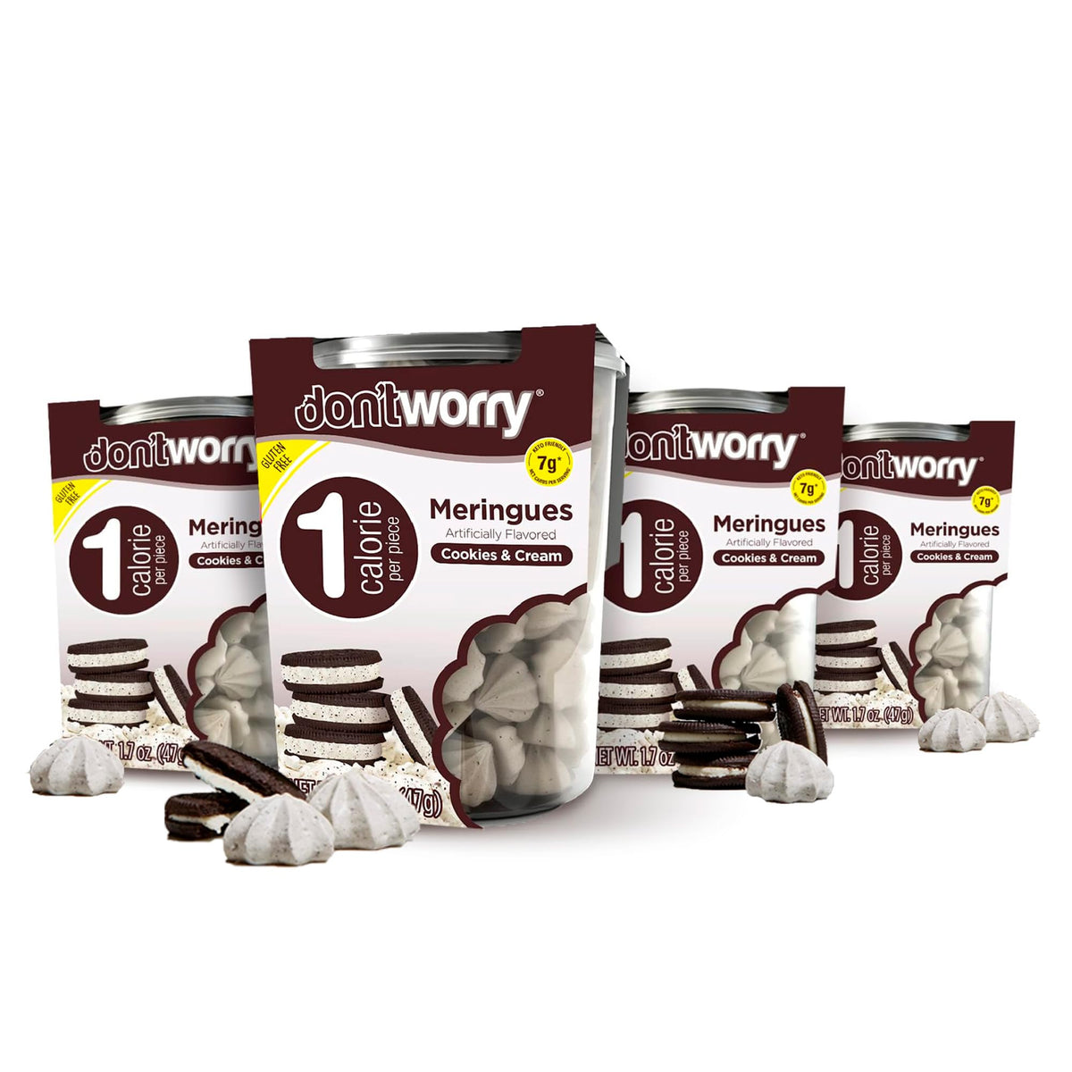 Don't Worry Meringue Cookies Cookies & Cream close-up reveals airy texture for a light snack.