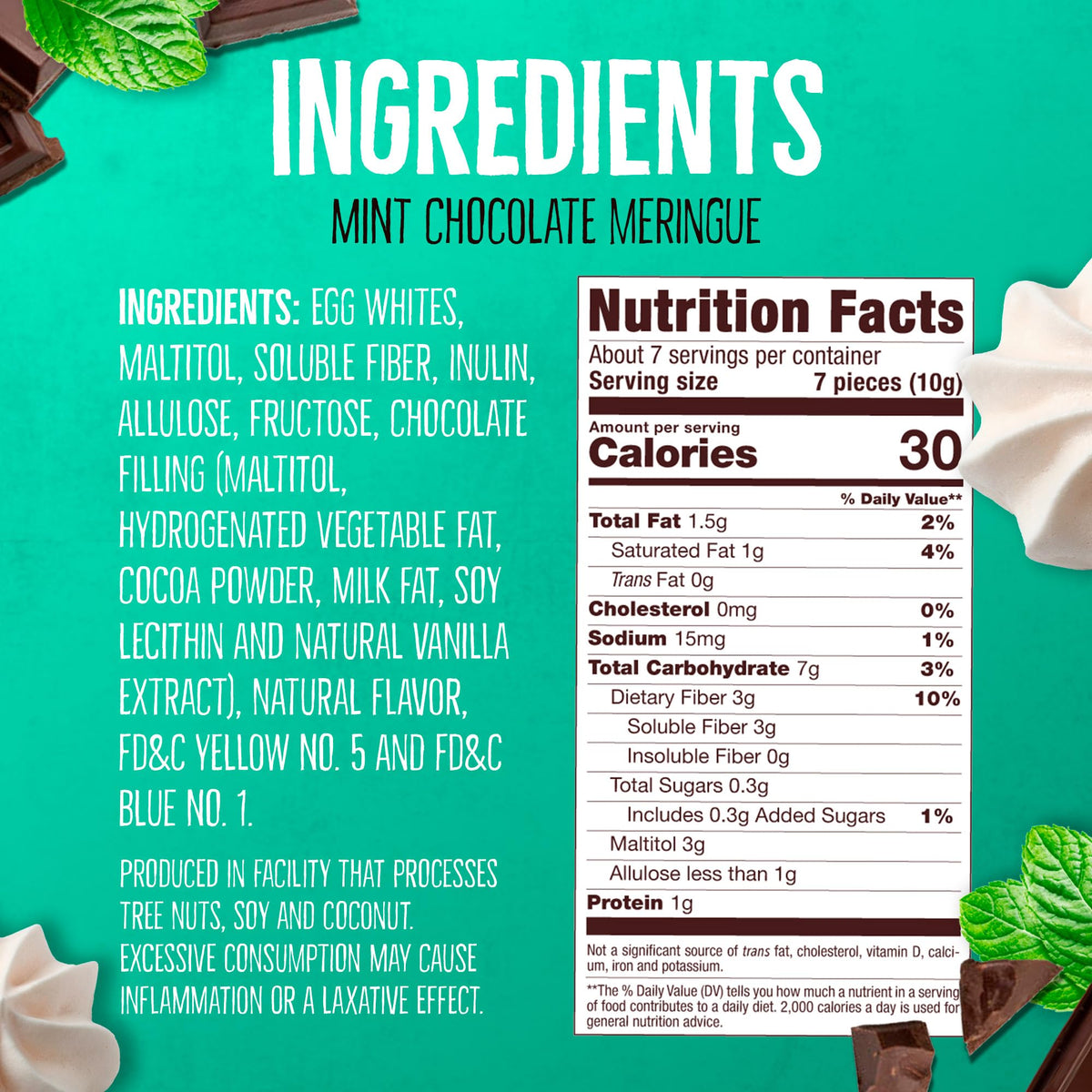 Don't Worry Meringue Cookies mint chocolate pack shows airy center and refreshing taste.