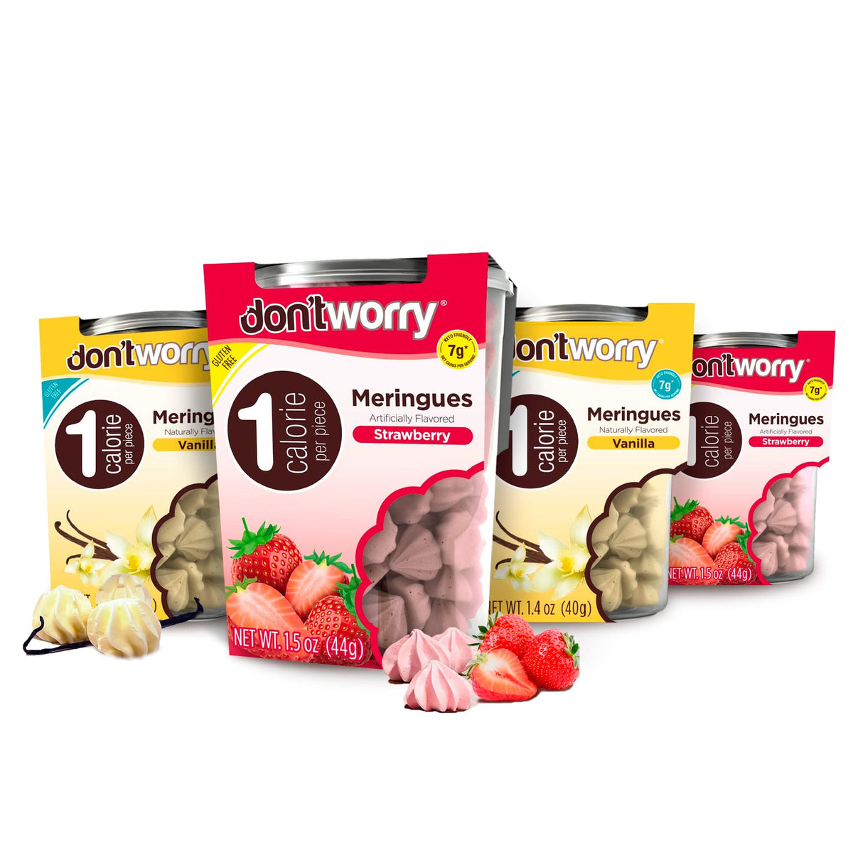 Don't Worry Meringue Cookies strawberry crisp shell close-up for a light, low-calorie treat.