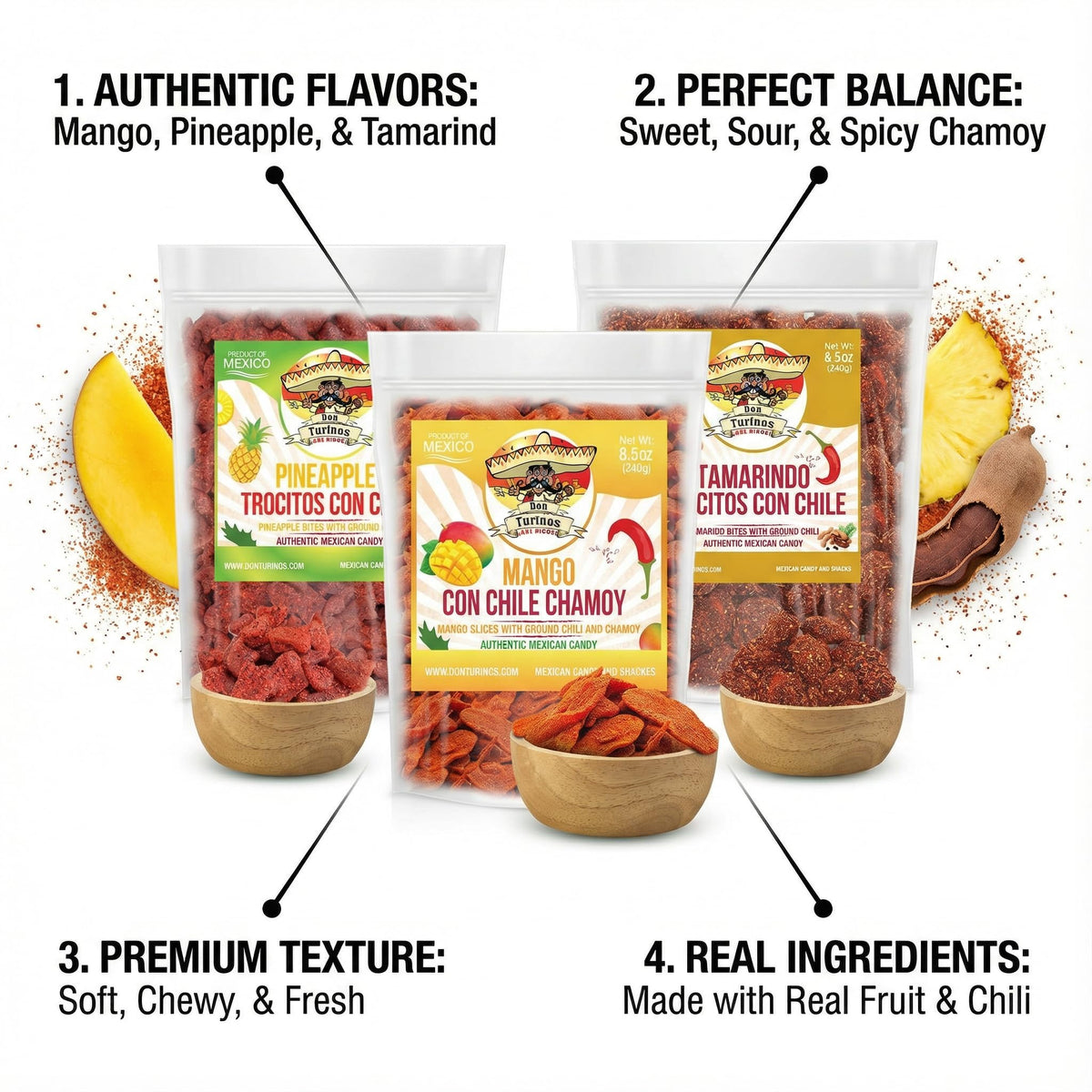 Don Turinos soft chewy fruit candies featuring real dried fruit