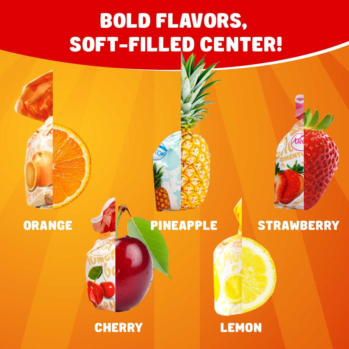 Donty-Tonty Arcor fruit filled candy center detail with juicy fruit inside