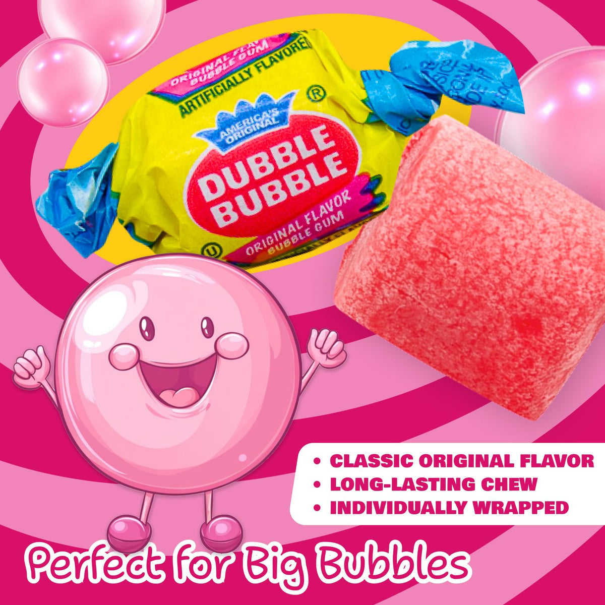 Donty-Tonty bubblegum fruit flavor wrapped pieces highlight individually wrapped convenience for sharing.