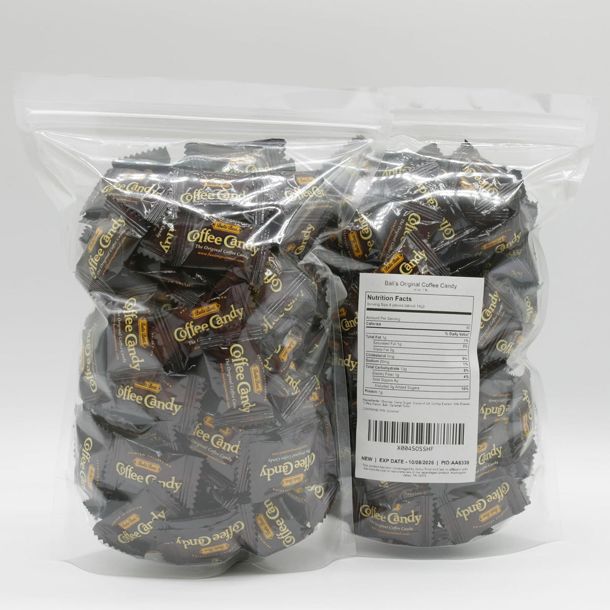 Donty-Tonty Coffee Candy back of bag highlighting reseal feature and freshness.