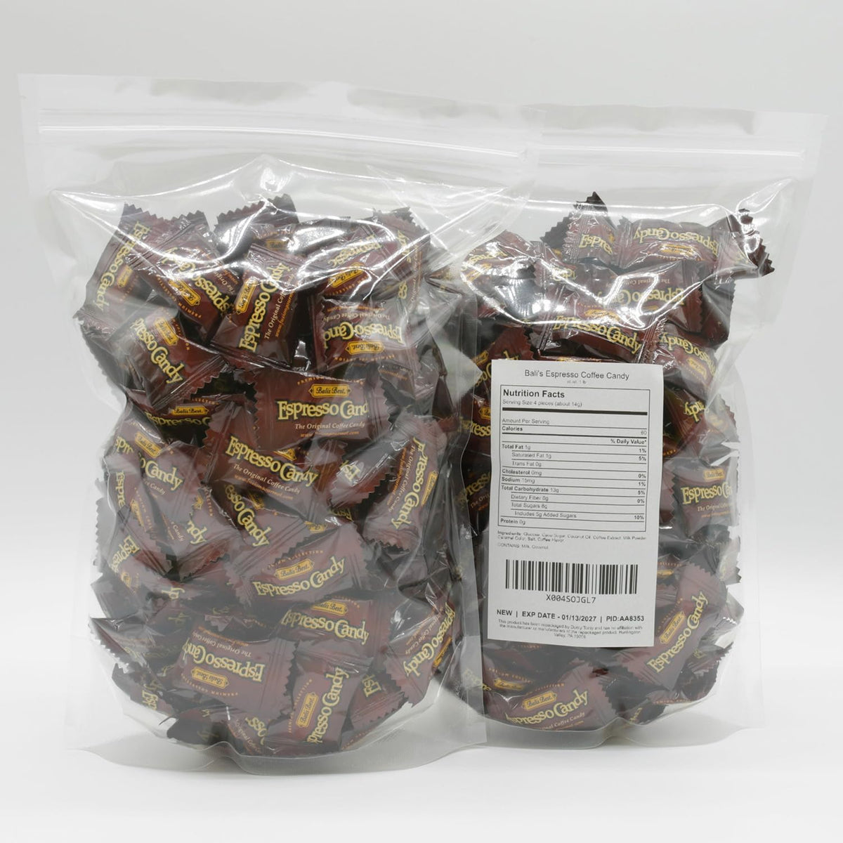 Donty-Tonty Espresso Candy bulk packaging in a clear bag, easy to stock.
