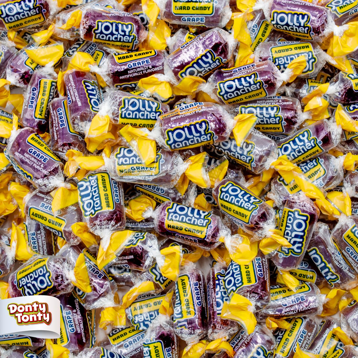 Donty-Tonty grape hard candy display bag shows bulk flavor for events.