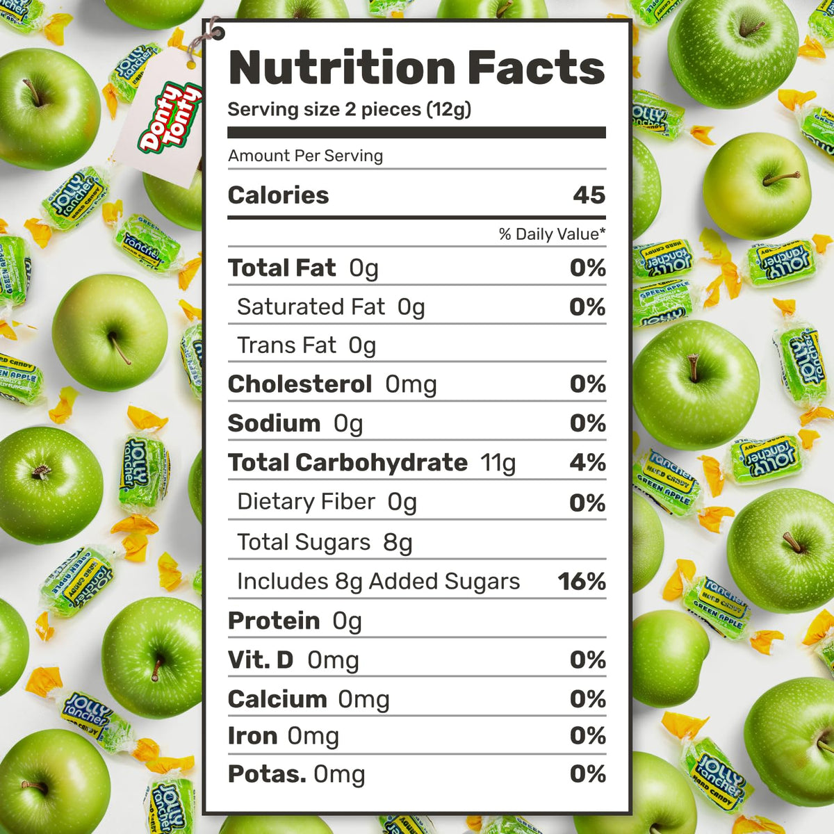 Donty-Tonty Green Apple candies with individually wrapped pieces for portion control.