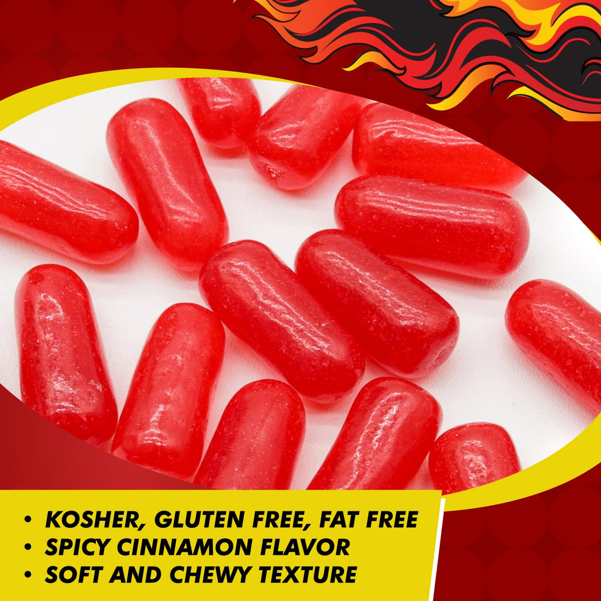 Donty-Tonty Hot Cinnamon Chewy Candy resealable bag opened reveals soft chewy center.