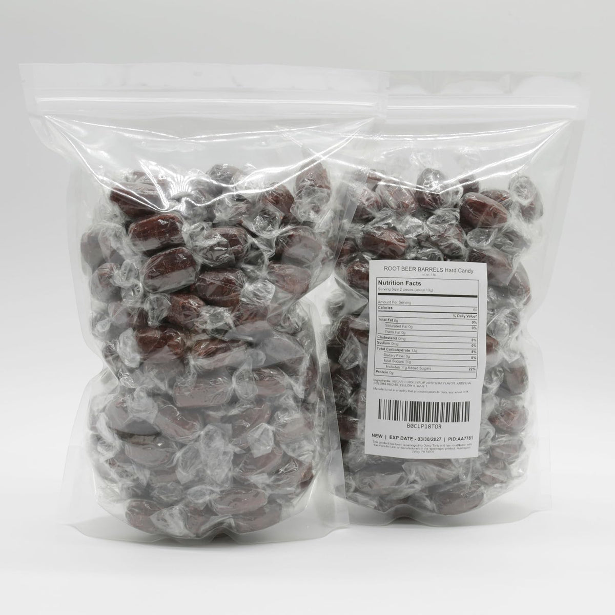 Donty-Tonty Root Beer Barrels in clear packaging highlight visibility and freshness.