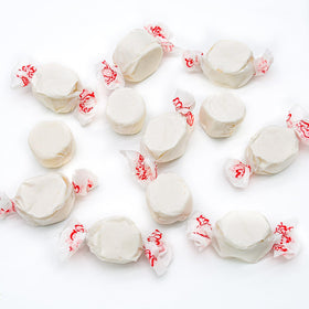 Donty-Tonty Vanilla Salt Water Taffy soft texture close-up, melts smoothly on the tongue.