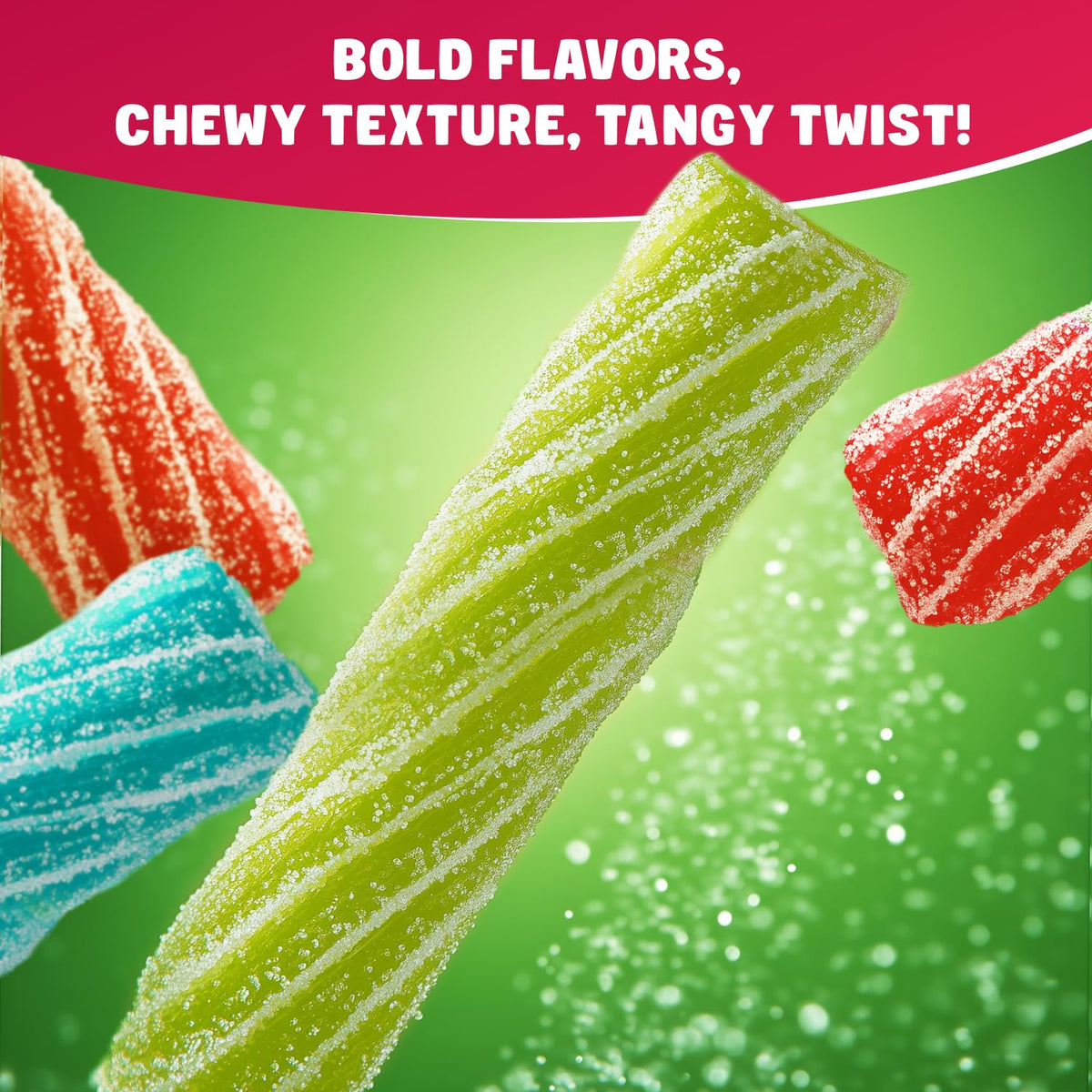 Donty-Tonty Sour Punch Twists assorted flavors close-up; bold blue raspberry and more.