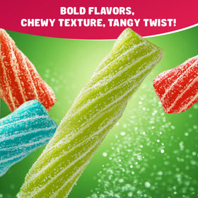 Donty-Tonty Sour Punch Twists assorted flavors close-up; bold blue raspberry and more.