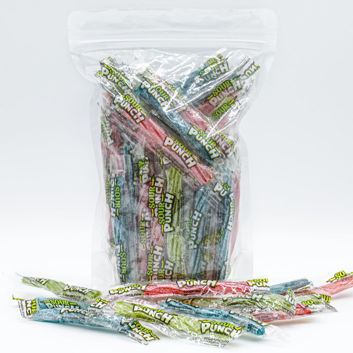 Donty-Tonty Sour Punch Twists sealed bulk bag; maintains freshness for storage.